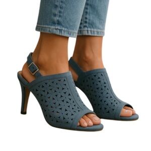 FIONI Corleone Blue Faux Suede Open Toe Slingback Heel Perforated Size 9.5
